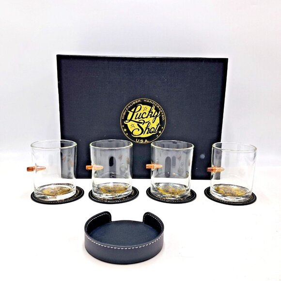 Lucky Shot Bullet Whiskey Glasses- Set of 4 With Matching Coasters And Holder - Picture 1 of 15